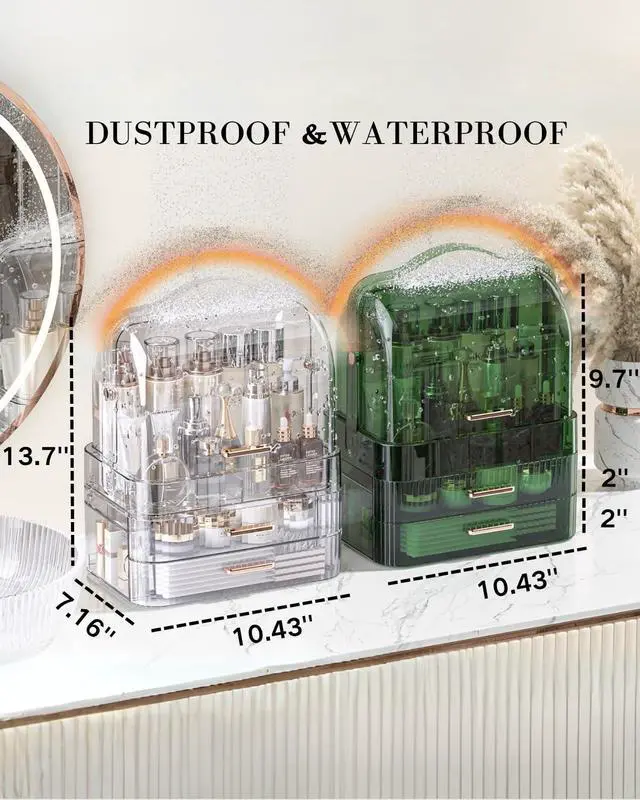 Alt view image 6 of 7 - Cosmetics Storage Box Transparent Lid Large Makeup Organizer Box Drawers Portable Handle Waterproof Dustproof Skincare Display Cases for Countertop, Bathroom, Dresser,Gift Clear Green