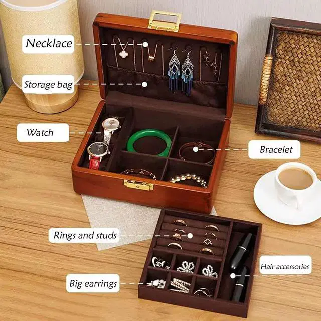 Alt view image 3 of 6 - 2 Layer Solid Wooden Jewelry Box with Lock and Key for Women Men Vintage Velvet Wood Jewelry Organizer Storage for Earrings Rings Necklaces Bracelet Watch Mothers Day Gift