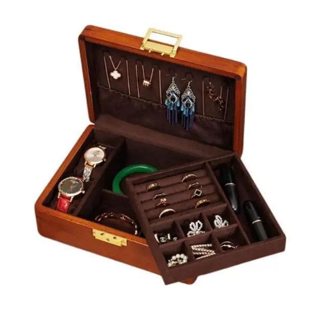 Alt view image 5 of 6 - 2 Layer Solid Wooden Jewelry Box with Lock and Key for Women Men Vintage Velvet Wood Jewelry Organizer Storage for Earrings Rings Necklaces Bracelet Watch Mothers Day Gift