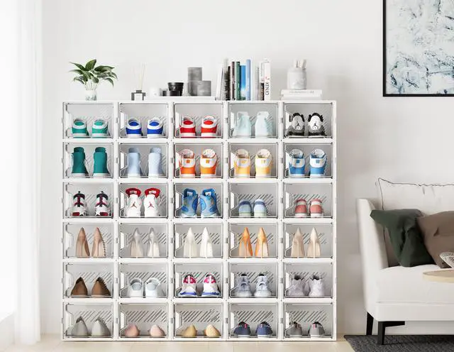 Alt view image 2 of 7 - Shoe Storage, 12 Pack X-Large Shoe Organizer for Closet, Shoe Boxes Clear Plastic Stackable Shoe Storage Boxes for Size 13