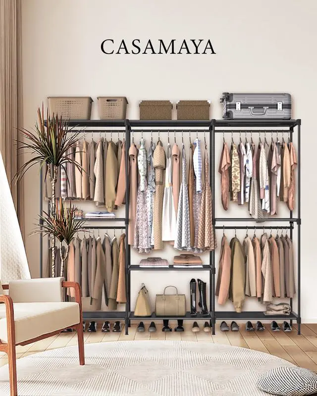 Alt view image 2 of 7 - Clothes Rack, Portable Closet, 80.7 Inch Extra Large Capacity Wardrobe Closet, Clothes Storage Organizer with Shelves and 5 Hanging Rods, Easy to Assembly, Black PCT036B01