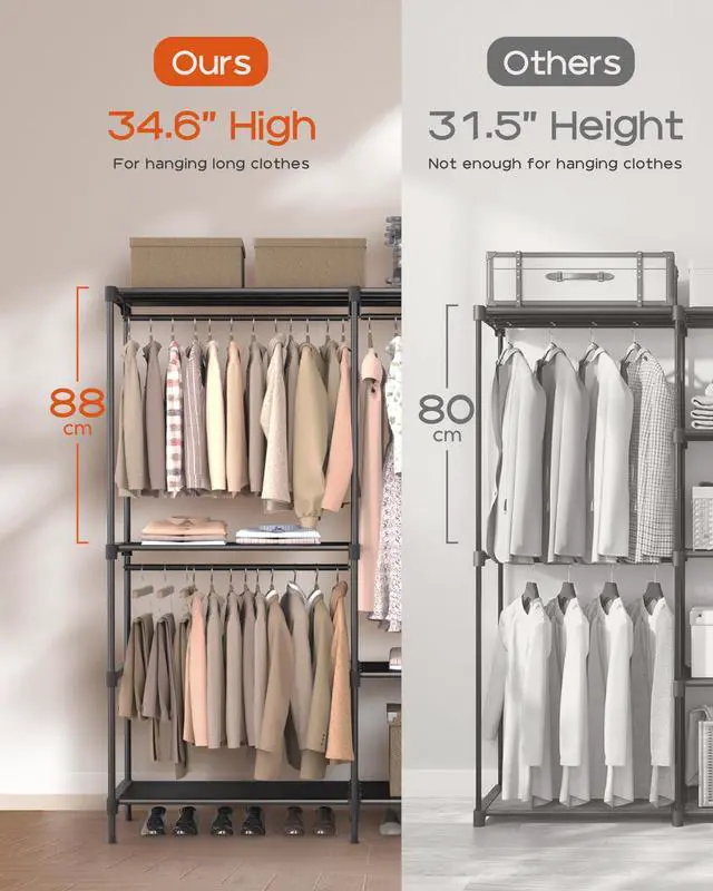 Alt view image 3 of 7 - Clothes Rack, Portable Closet, 80.7 Inch Extra Large Capacity Wardrobe Closet, Clothes Storage Organizer with Shelves and 5 Hanging Rods, Easy to Assembly, Black PCT036B01