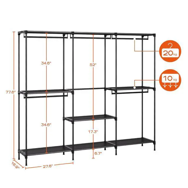 Alt view image 6 of 7 - Clothes Rack, Portable Closet, 80.7 Inch Extra Large Capacity Wardrobe Closet, Clothes Storage Organizer with Shelves and 5 Hanging Rods, Easy to Assembly, Black PCT036B01