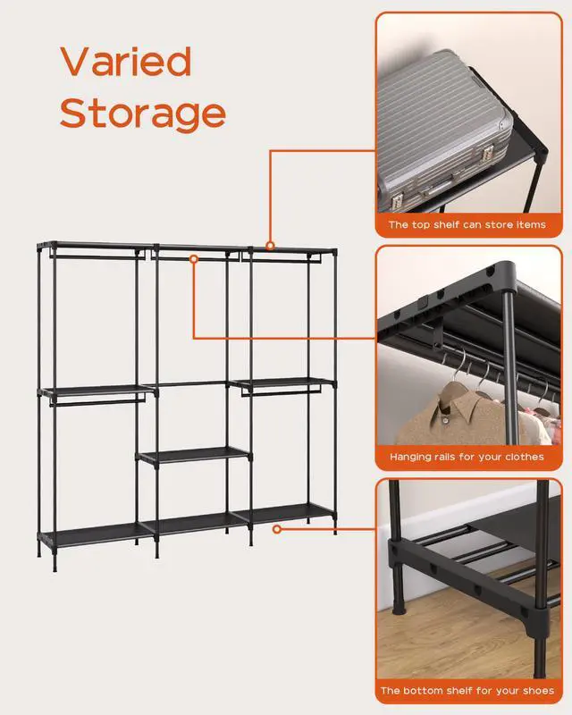 Alt view image 5 of 7 - Clothes Rack, Portable Closet, 80.7 Inch Extra Large Capacity Wardrobe Closet, Clothes Storage Organizer with Shelves and 5 Hanging Rods, Easy to Assembly, Black PCT036B01
