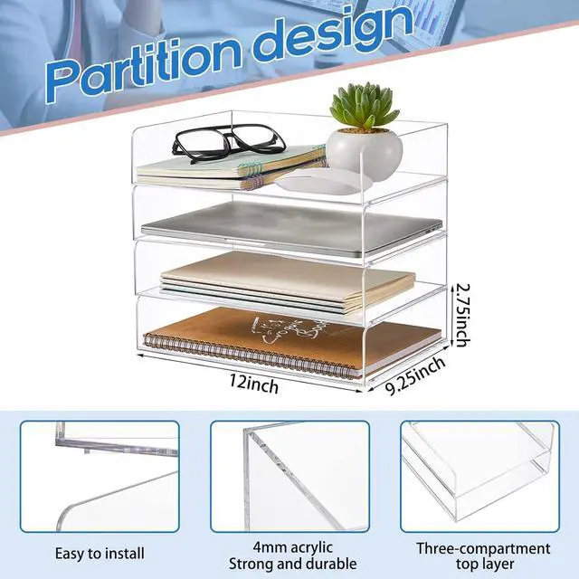 Alt view image 2 of 7 - 4 Tier Paper Organizer Letter Tray Acrylic Desk File Organizer Heavy Duty Stackable Documents Clear Letter Paper Holder Sorter Office Tray for A4, Office Classroom Home File Pad Notebooks
