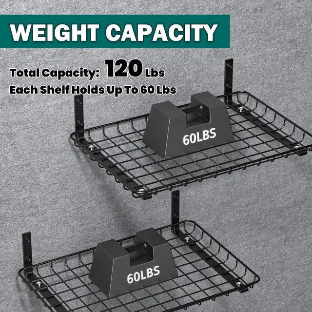 Alt view image 4 of 7 - Garage Wall Shelves 12x18 Inch, Wall Mounted Storage Shelf, Metal Shelf Rack, Heavy-Duty Shelf Organizer 2 Pack, Black