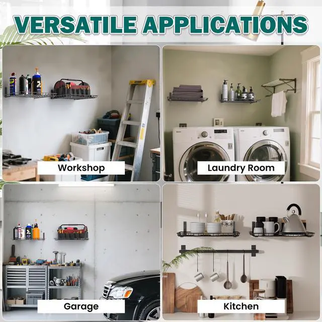 Alt view image 7 of 7 - Garage Wall Shelves 12x18 Inch, Wall Mounted Storage Shelf, Metal Shelf Rack, Heavy-Duty Shelf Organizer 2 Pack, Black