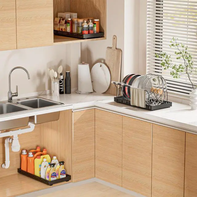 Alt view image 6 of 7 - Black 2 Pack Pot Lid Organizer, Pull Out Cabinet Rack, 8 Dividers