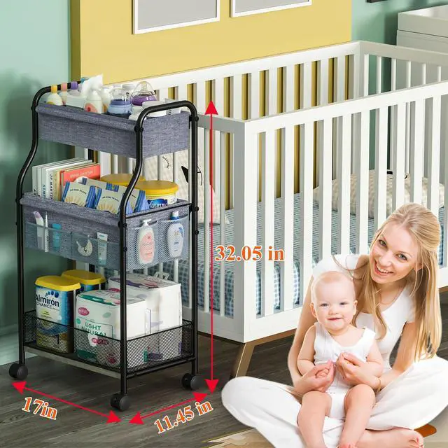 Alt view image 2 of 7 - 3-Tier Baby Diaper Caddy Organizer and Storage Cart, Mobile Metal Utility Cart with Rolling Wheels for Nursery Essentials with 4+2 Dividers, Large Capacity Rolling Cart For Bedroom, Bathroom, Nursery