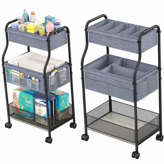 Main image of 3-Tier Baby Diaper Caddy Organizer and Storage Cart, Mobile Metal Utility Cart with Rolling Wheels for Nursery Essentials with 4+2 Dividers, Large Capacity Rolling Cart For Bedroom, Bathroom, Nursery