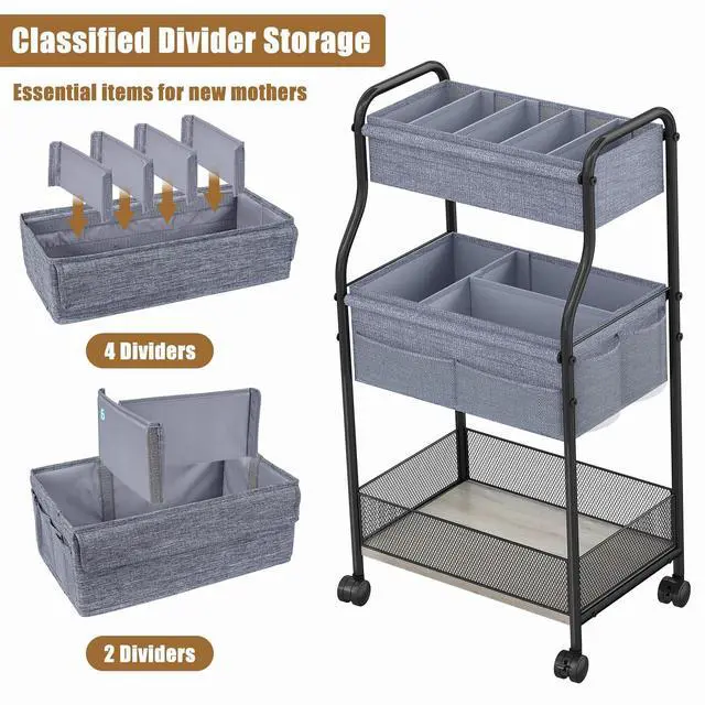 Alt view image 3 of 7 - 3-Tier Baby Diaper Caddy Organizer and Storage Cart, Mobile Metal Utility Cart with Rolling Wheels for Nursery Essentials with 4+2 Dividers, Large Capacity Rolling Cart For Bedroom, Bathroom, Nursery