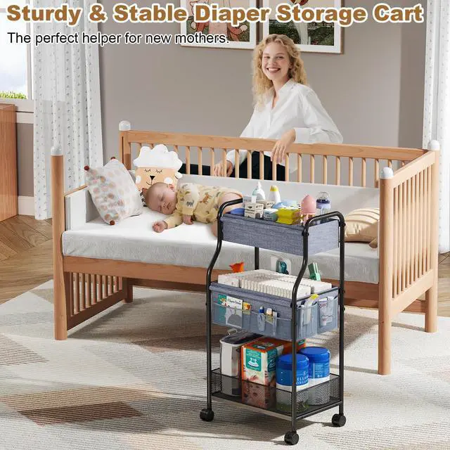 Alt view image 6 of 7 - 3-Tier Baby Diaper Caddy Organizer and Storage Cart, Mobile Metal Utility Cart with Rolling Wheels for Nursery Essentials with 4+2 Dividers, Large Capacity Rolling Cart For Bedroom, Bathroom, Nursery