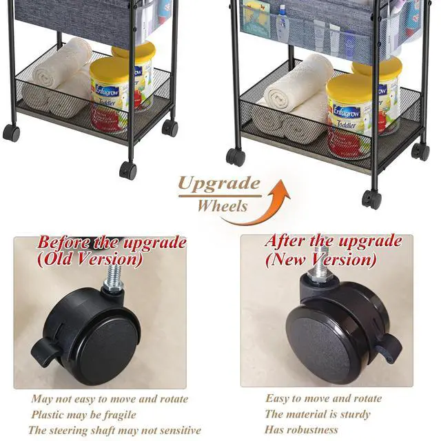 Alt view image 4 of 7 - 3-Tier Baby Diaper Caddy Organizer and Storage Cart, Mobile Metal Utility Cart with Rolling Wheels for Nursery Essentials with 4+2 Dividers, Large Capacity Rolling Cart For Bedroom, Bathroom, Nursery