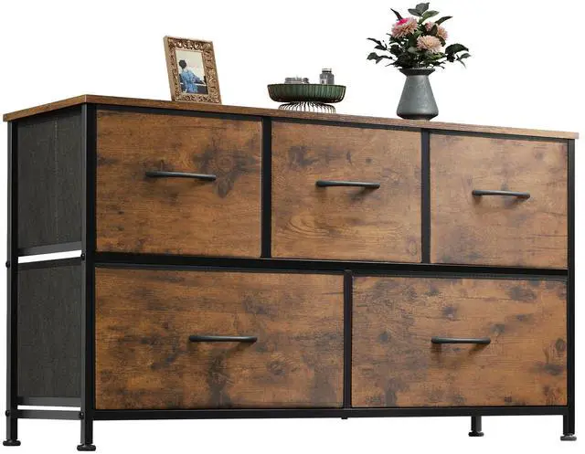 Main image of Dresser for Bedroom with 5 Drawers, Wide Chest of Drawers, Fabric Dresser, Storage Organizer Unit with Fabric Bins for Closet, Living Room, Hallway, Rustic Brown Wood Grain Print