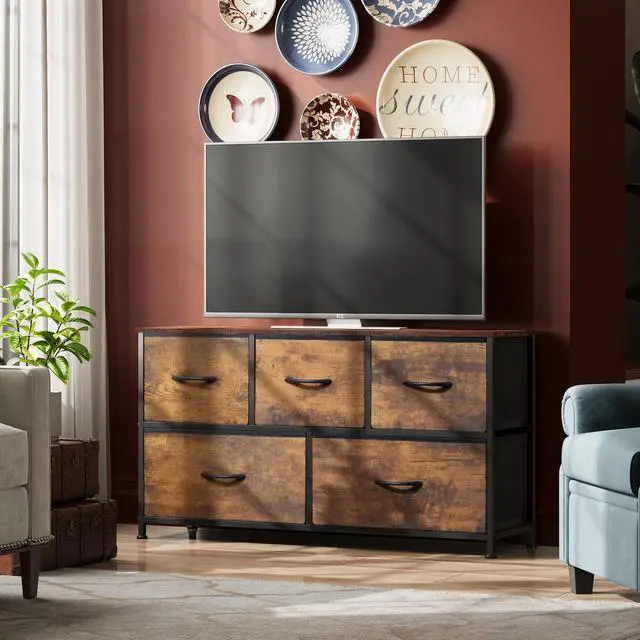 Alt view image 2 of 7 - Dresser for Bedroom with 5 Drawers, Wide Chest of Drawers, Fabric Dresser, Storage Organizer Unit with Fabric Bins for Closet, Living Room, Hallway, Rustic Brown Wood Grain Print