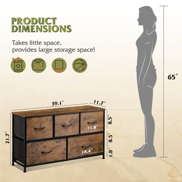 Alt view image 4 of 7 - Dresser for Bedroom with 5 Drawers, Wide Chest of Drawers, Fabric Dresser, Storage Organizer Unit with Fabric Bins for Closet, Living Room, Hallway, Rustic Brown Wood Grain Print