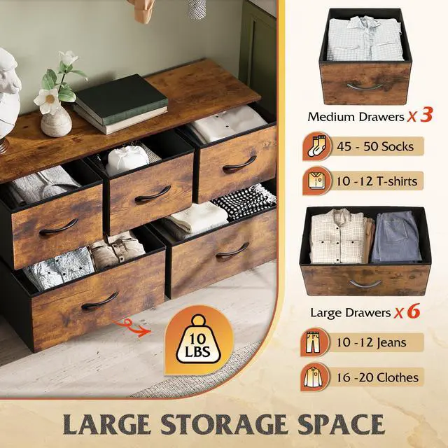 Alt view image 3 of 7 - Dresser for Bedroom with 5 Drawers, Wide Chest of Drawers, Fabric Dresser, Storage Organizer Unit with Fabric Bins for Closet, Living Room, Hallway, Rustic Brown Wood Grain Print