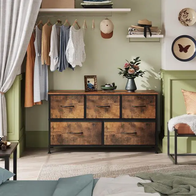 Alt view image 7 of 7 - Dresser for Bedroom with 5 Drawers, Wide Chest of Drawers, Fabric Dresser, Storage Organizer Unit with Fabric Bins for Closet, Living Room, Hallway, Rustic Brown Wood Grain Print