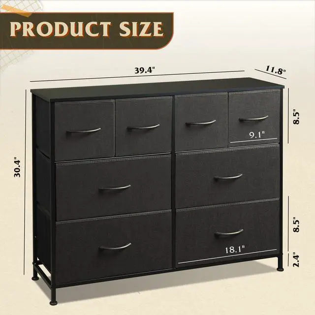 Alt view image 3 of 7 - Dresser for Bedroom with 8 Drawers, Wide Fabric Dresser for Storage and Organization, Bedroom Dressers, Chest of Drawers for Living Room, Closet, Hallway, Black