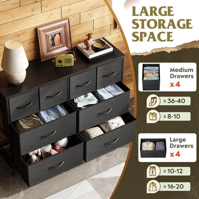 Alt view image 5 of 7 - Dresser for Bedroom with 8 Drawers, Wide Fabric Dresser for Storage and Organization, Bedroom Dressers, Chest of Drawers for Living Room, Closet, Hallway, Black