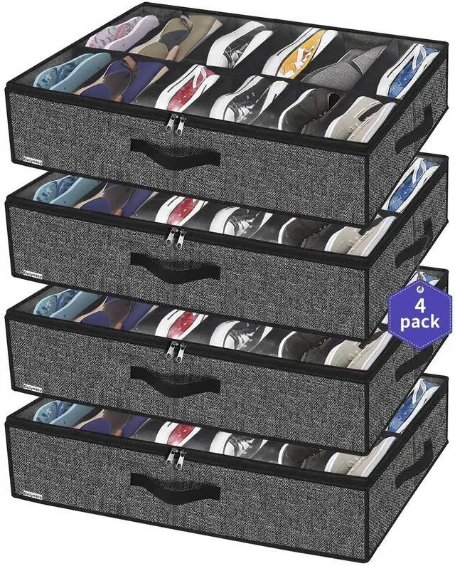 Main image of Under Bed Shoe Storage Organizer For Closet, 4 Pack Fit 12x4 Pairs, Underbed Solution Shoes Container Bags with Sturdy Sidewall & Reinforced Handles, Breathable, Linen-like Black, MXAUBSB4P