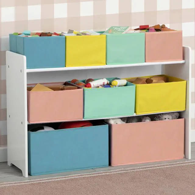 Alt view image 2 of 7 - Deluxe Multi-Bin Toy Organizer with Storage Bins - Greenguard Gold Certified, White with Blue/Orange/Pastel Bins