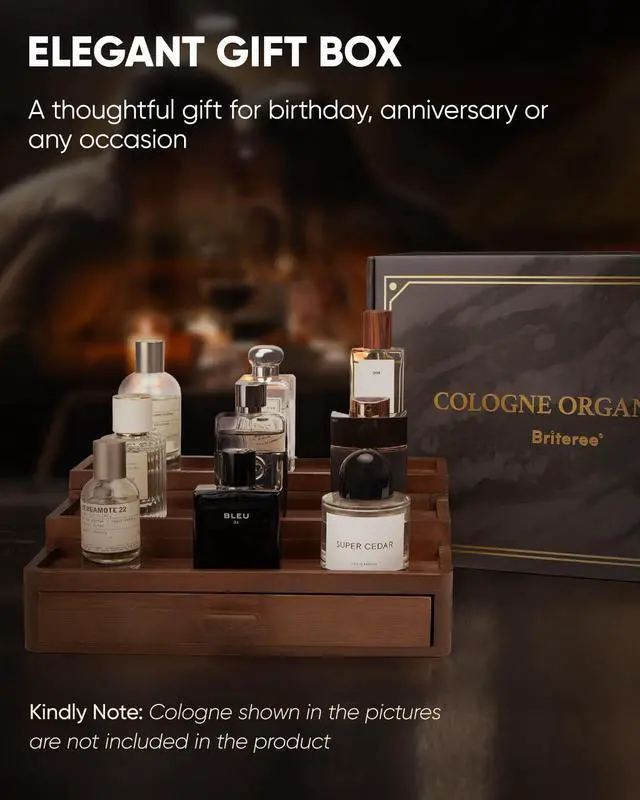 Alt view image 3 of 7 - Cologne Organizer for Men, 3 Tier Wooden Cologne Stand with Drawer Storage and Hidden Compartment, Perfume Display Holder for Dresser, Great Gifts for Him Dad Fathers, Brown