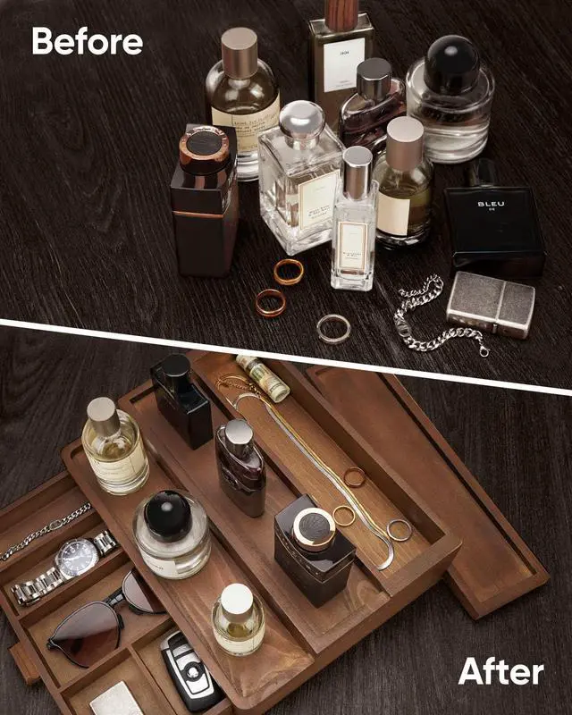 Alt view image 6 of 7 - Cologne Organizer for Men, 3 Tier Wooden Cologne Stand with Drawer Storage and Hidden Compartment, Perfume Display Holder for Dresser, Great Gifts for Him Dad Fathers, Brown