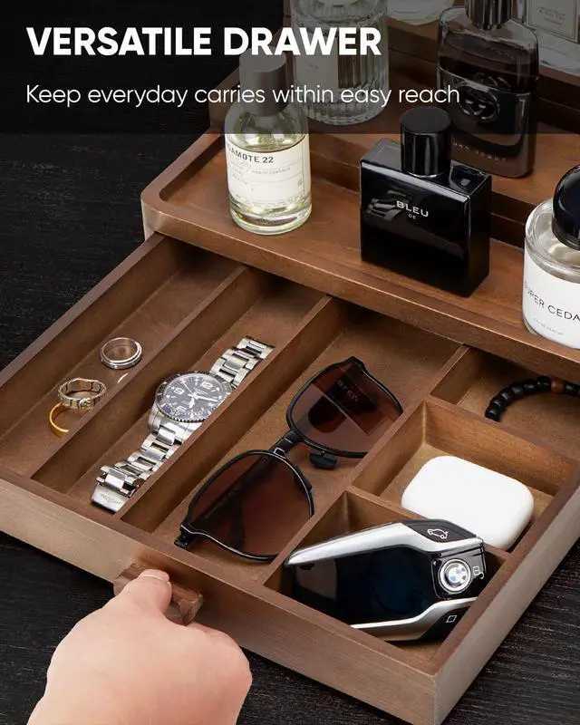 Alt view image 7 of 7 - Cologne Organizer for Men, 3 Tier Wooden Cologne Stand with Drawer Storage and Hidden Compartment, Perfume Display Holder for Dresser, Great Gifts for Him Dad Fathers, Brown