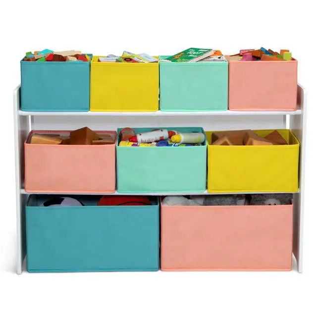 Alt view image 7 of 7 - Deluxe Multi-Bin Toy Organizer with Storage Bins - Greenguard Gold Certified, White with Blue/Orange/Pastel Bins