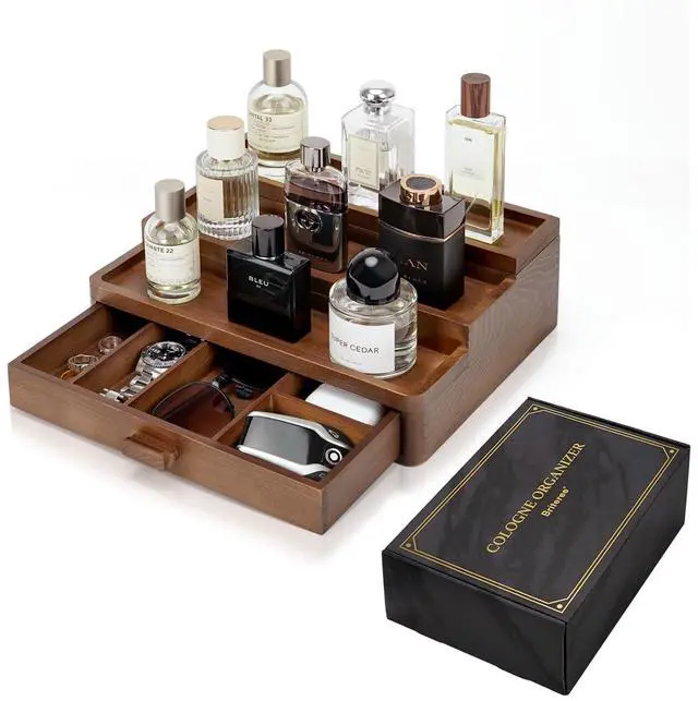 Main image of Cologne Organizer for Men, 3 Tier Wooden Cologne Stand with Drawer Storage and Hidden Compartment, Perfume Display Holder for Dresser, Great Gifts for Him Dad Fathers, Brown