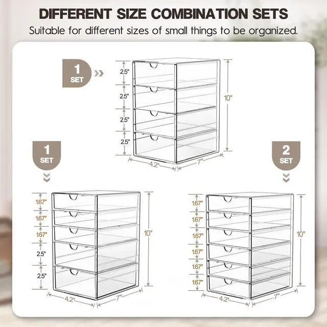 Alt view image 2 of 7 - Acrylic Drawer Organizers - 21 Drawers 4 Set - Clear Storage Drawers for Office Supplies - Stackable Makeup Organizer - Dustproof Desk Organizers for Makeup, Jewelry, Pen, Stationary