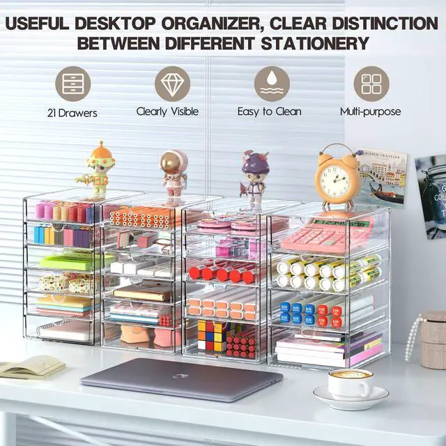 Alt view image 3 of 7 - Acrylic Drawer Organizers - 21 Drawers 4 Set - Clear Storage Drawers for Office Supplies - Stackable Makeup Organizer - Dustproof Desk Organizers for Makeup, Jewelry, Pen, Stationary