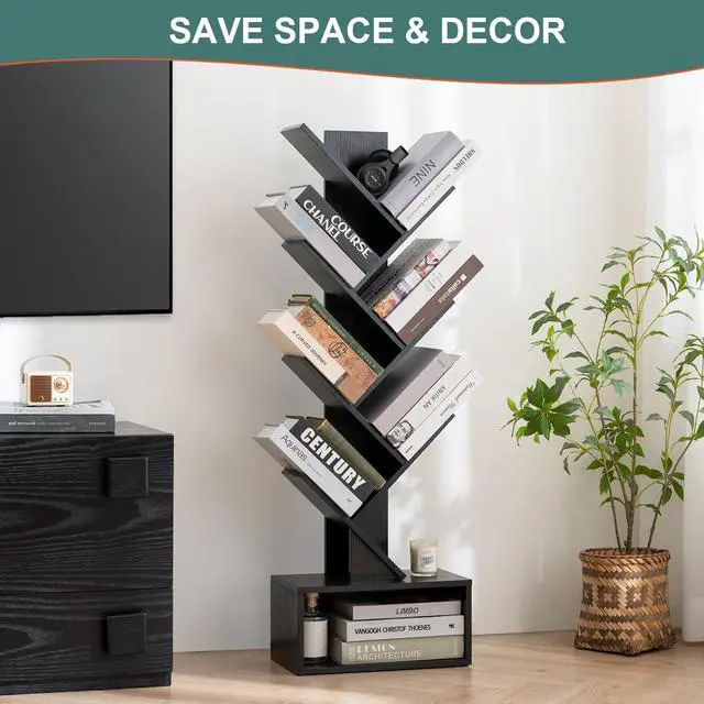 Alt view image 2 of 7 - Tree Bookshelf, 6 Tier Small Book Shelf Retro Floor Standing Bookcase, Wood Book Storage Organizer Rack, Tall Narrow Bookshelves for Corner/Bedroom/Living Room/Home Office, Black