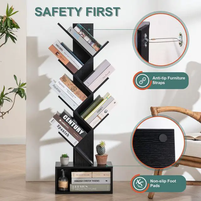 Alt view image 3 of 7 - Tree Bookshelf, 6 Tier Small Book Shelf Retro Floor Standing Bookcase, Wood Book Storage Organizer Rack, Tall Narrow Bookshelves for Corner/Bedroom/Living Room/Home Office, Black