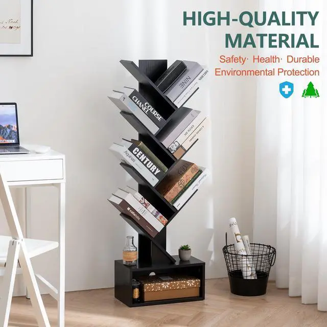 Alt view image 5 of 7 - Tree Bookshelf, 6 Tier Small Book Shelf Retro Floor Standing Bookcase, Wood Book Storage Organizer Rack, Tall Narrow Bookshelves for Corner/Bedroom/Living Room/Home Office, Black