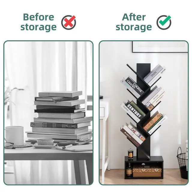 Alt view image 4 of 7 - Tree Bookshelf, 6 Tier Small Book Shelf Retro Floor Standing Bookcase, Wood Book Storage Organizer Rack, Tall Narrow Bookshelves for Corner/Bedroom/Living Room/Home Office, Black