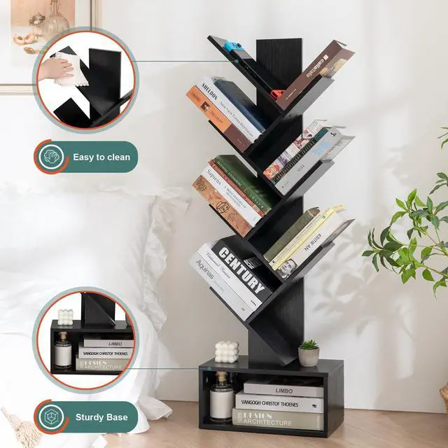 Alt view image 6 of 7 - Tree Bookshelf, 6 Tier Small Book Shelf Retro Floor Standing Bookcase, Wood Book Storage Organizer Rack, Tall Narrow Bookshelves for Corner/Bedroom/Living Room/Home Office, Black