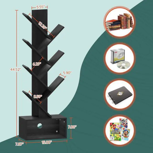 Alt view image 7 of 7 - Tree Bookshelf, 6 Tier Small Book Shelf Retro Floor Standing Bookcase, Wood Book Storage Organizer Rack, Tall Narrow Bookshelves for Corner/Bedroom/Living Room/Home Office, Black