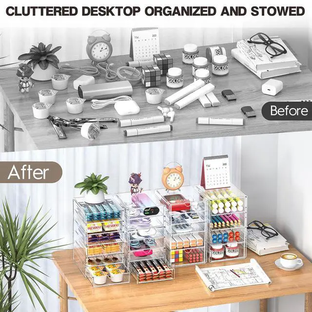 Alt view image 4 of 7 - Acrylic Drawer Organizers - 21 Drawers 4 Set - Clear Storage Drawers for Office Supplies - Stackable Makeup Organizer - Dustproof Desk Organizers for Makeup, Jewelry, Pen, Stationary