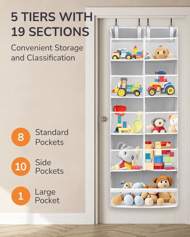 Alt view image 3 of 7 - Over the Door Organizer, 5-Tier Extra Large Hanging Storage with 10 Mesh Pockets, 100 lbs Capacity, Heavy Duty Door Organizer for Closet, Bedroom, Nursery Light Grey