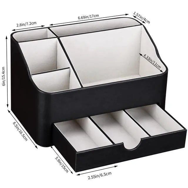 Alt view image 2 of 7 - Leather Makeup Organizer with Drawer, Cosmetic Storage for Dresser Countertop and Bathroom Vanity, Beauty Holder for Lipstick Brush Skincare, Mothers Day Gift for Mom(Black)