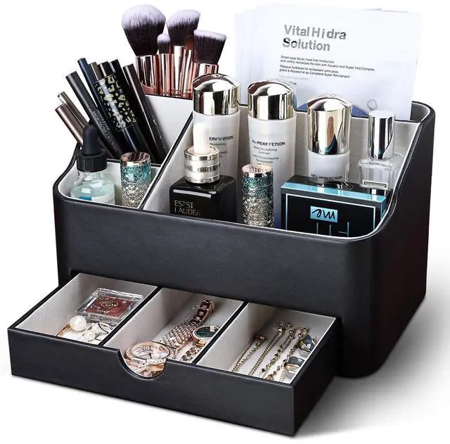 Main image of Leather Makeup Organizer with Drawer, Cosmetic Storage for Dresser Countertop and Bathroom Vanity, Beauty Holder for Lipstick Brush Skincare, Mothers Day Gift for Mom(Black)