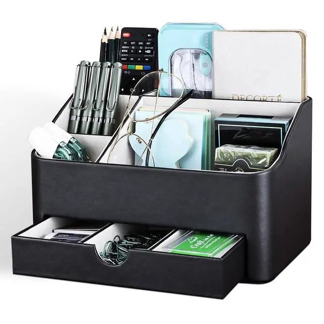 Alt view image 3 of 7 - Leather Makeup Organizer with Drawer, Cosmetic Storage for Dresser Countertop and Bathroom Vanity, Beauty Holder for Lipstick Brush Skincare, Mothers Day Gift for Mom(Black)