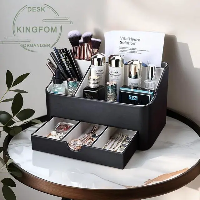 Alt view image 4 of 7 - Leather Makeup Organizer with Drawer, Cosmetic Storage for Dresser Countertop and Bathroom Vanity, Beauty Holder for Lipstick Brush Skincare, Mothers Day Gift for Mom(Black)