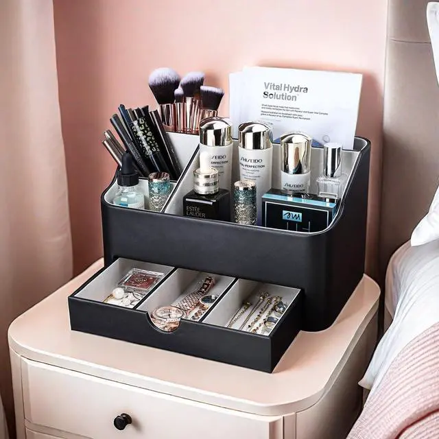 Alt view image 5 of 7 - Leather Makeup Organizer with Drawer, Cosmetic Storage for Dresser Countertop and Bathroom Vanity, Beauty Holder for Lipstick Brush Skincare, Mothers Day Gift for Mom(Black)