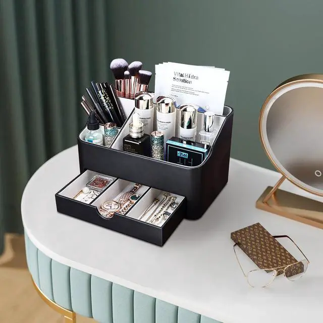 Alt view image 6 of 7 - Leather Makeup Organizer with Drawer, Cosmetic Storage for Dresser Countertop and Bathroom Vanity, Beauty Holder for Lipstick Brush Skincare, Mothers Day Gift for Mom(Black)