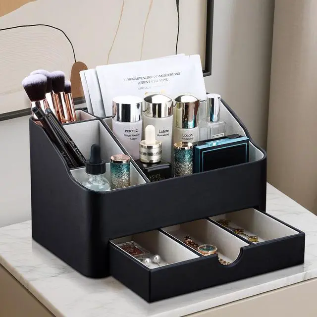 Alt view image 7 of 7 - Leather Makeup Organizer with Drawer, Cosmetic Storage for Dresser Countertop and Bathroom Vanity, Beauty Holder for Lipstick Brush Skincare, Mothers Day Gift for Mom(Black)