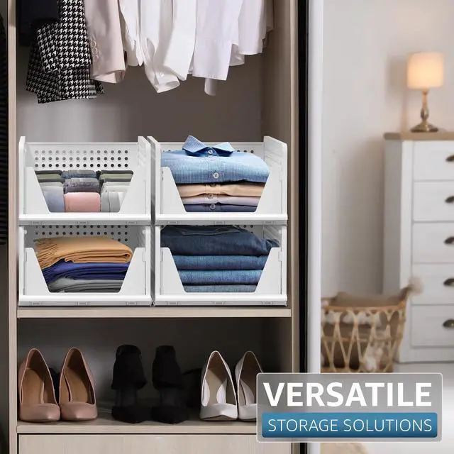 Alt view image 5 of 7 - 4 Pack Medium Shelf Organizer with Open Front Design Under Shelf for Closet Bathroom Kitchen Garage Plastic Stackable Storage Baskets