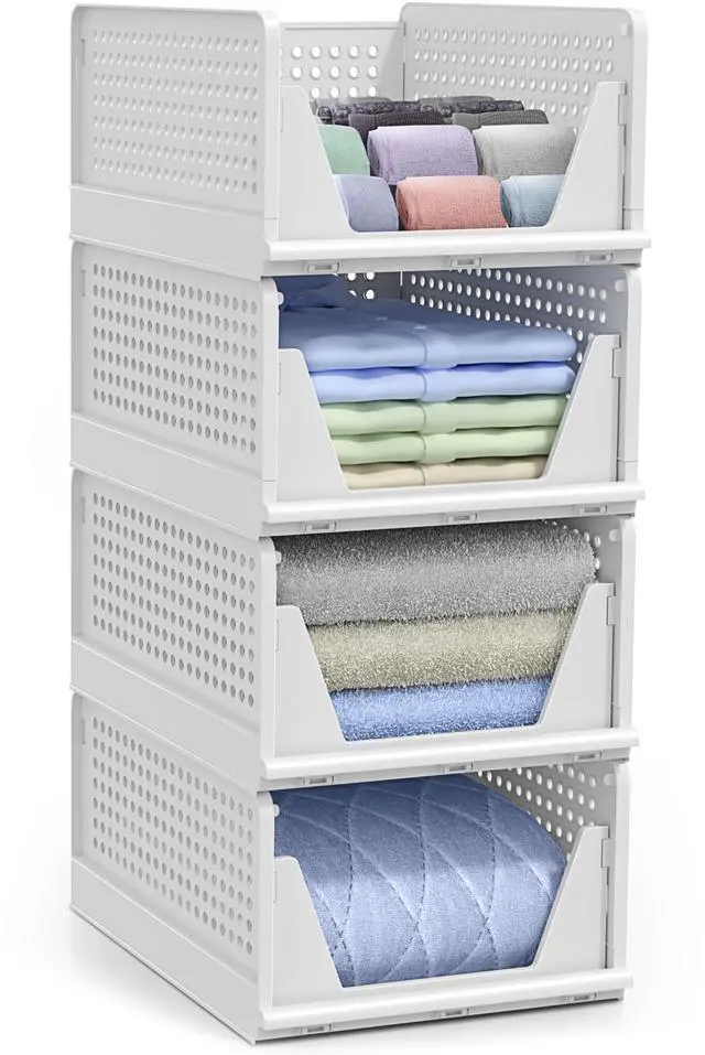 Main image of 4 Pack Medium Shelf Organizer with Open Front Design Under Shelf for Closet Bathroom Kitchen Garage Plastic Stackable Storage Baskets